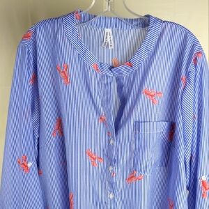 3X Blue and Red Lobster Print Hi-Lo Tunic Slightly Sheer